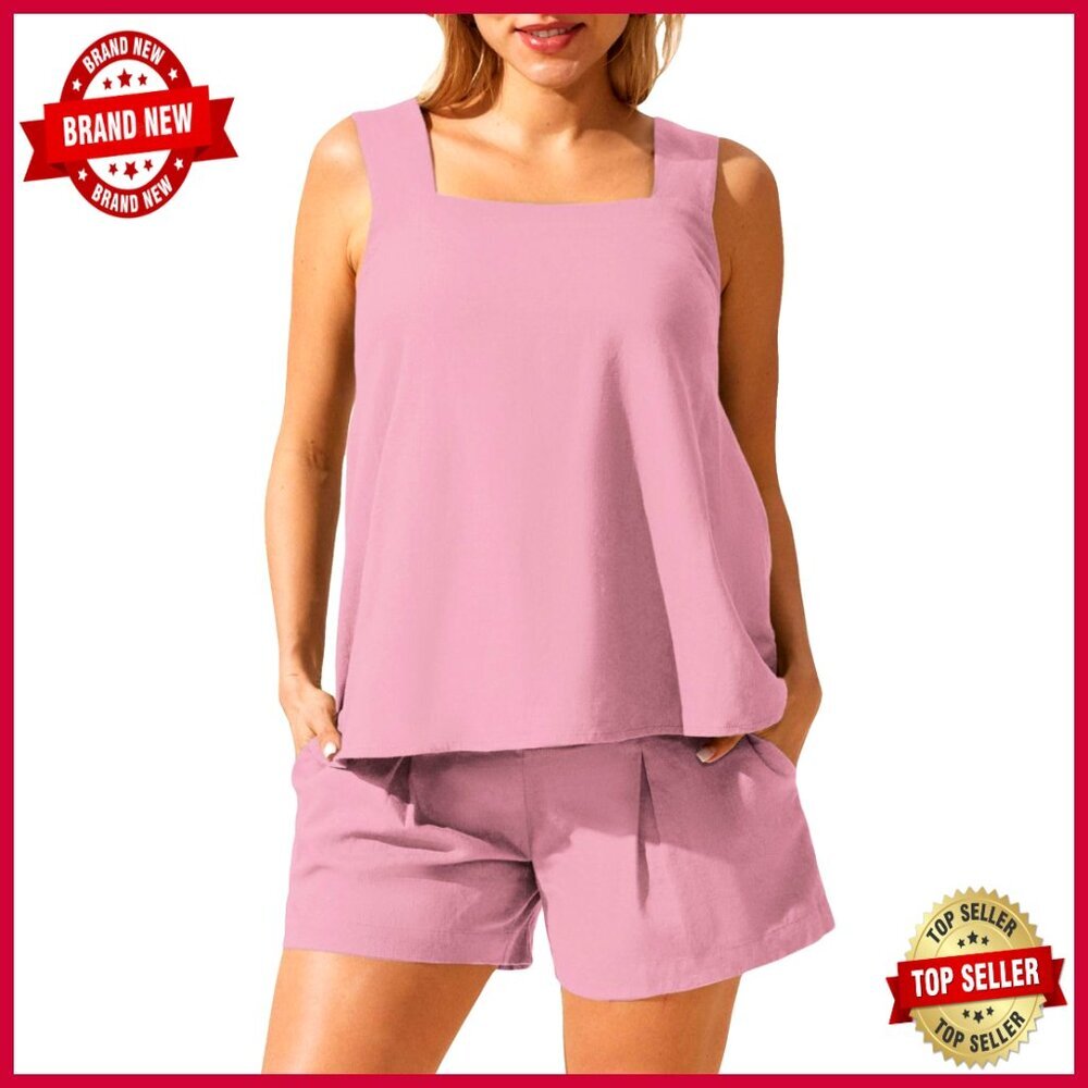 Maternity Linen Shorts Set Adjustable Fit Smocked Back Tank Top Wide Leg